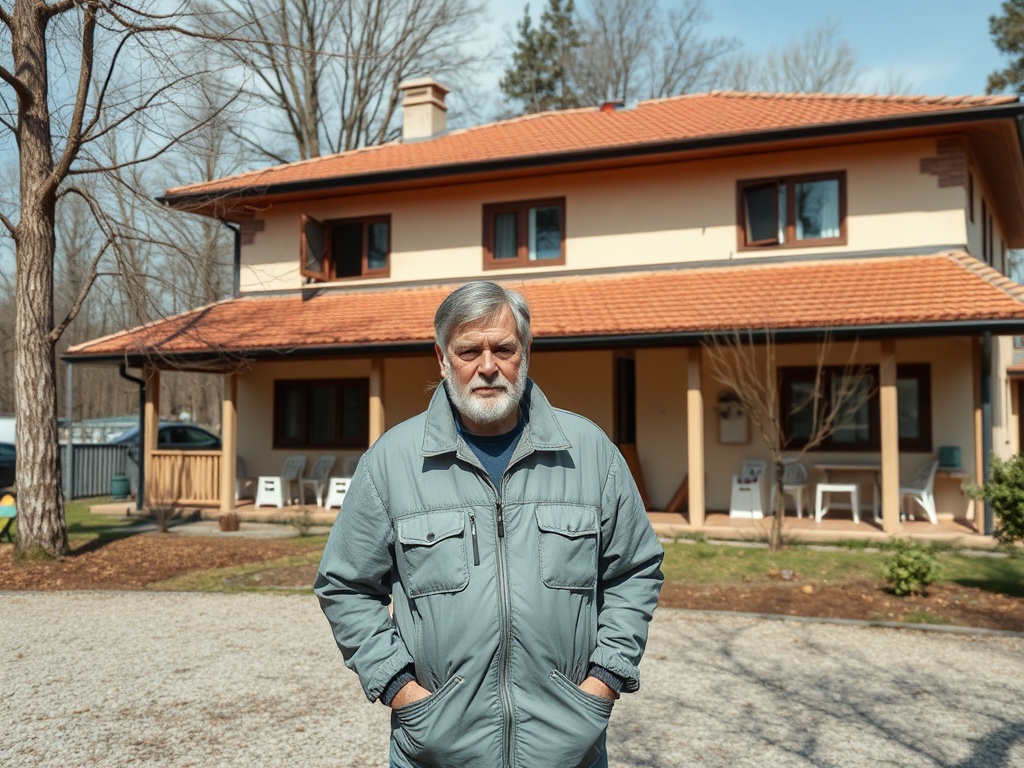 На переднем плане стоит мужчина в куртке, за ним двухэтажный дом с крышей из черепицы и деревья вокруг.