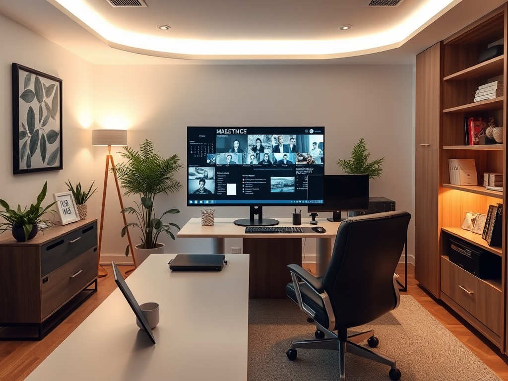 Современный офис с большим экраном, компьютером и уютным интерьером, оформленным растениями и светом.