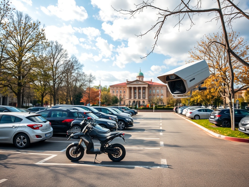 Мотоцикл стоит на парковке под камерой слежения, на заднем плане видно здание и деревья.