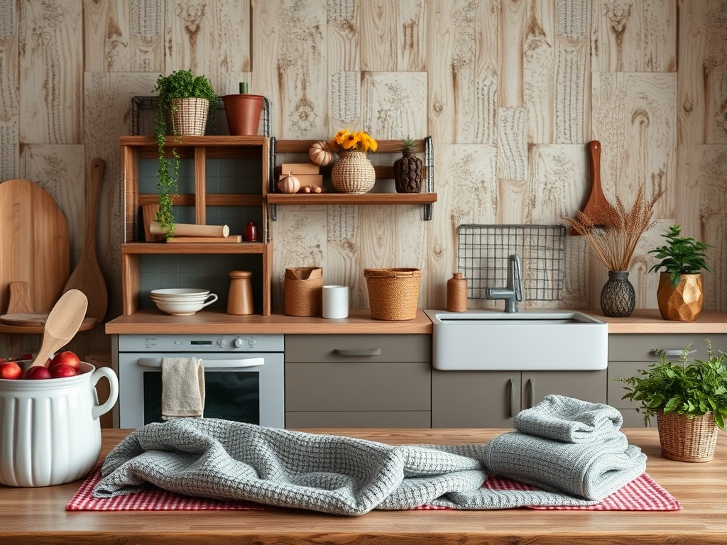 Светлая кухня с деревянными стенами, раковиной, полками и текстилем на столе, украшенная растениями и посудой.
