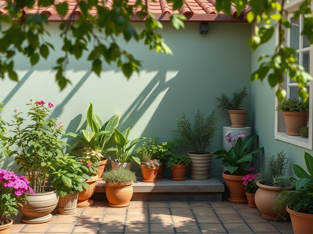 Зелёный уголок с горшечными растениями, красочными цветами и тенями на стене. Уютная атмосфера для отдыха.