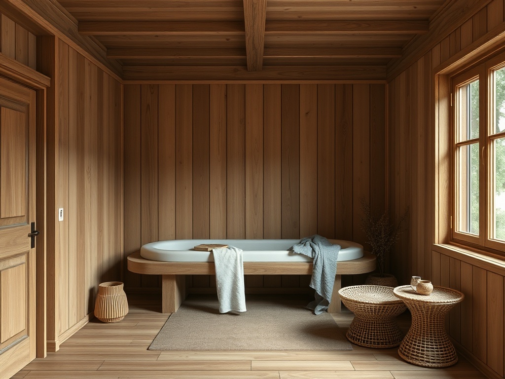 Уютная ванная комната с деревянными стенами, ванной и плетеными столиками. Спокойная атмосфера.