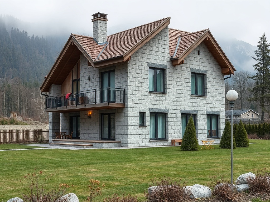 Современный дом с серой стеной и черепичной крышей, окруженный ухоженным садом и деревьями.