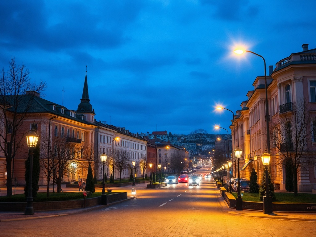 Улица в вечернем освещении, освещённая фонарями, с автомобилями и облачным небом.