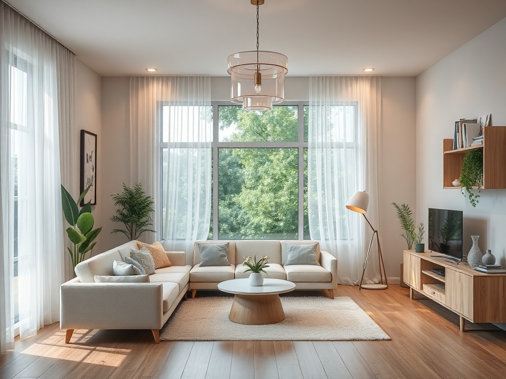 Современная гостиная с светлыми шторами, удобным диваном и окнами, выходящими на зелёный сад.