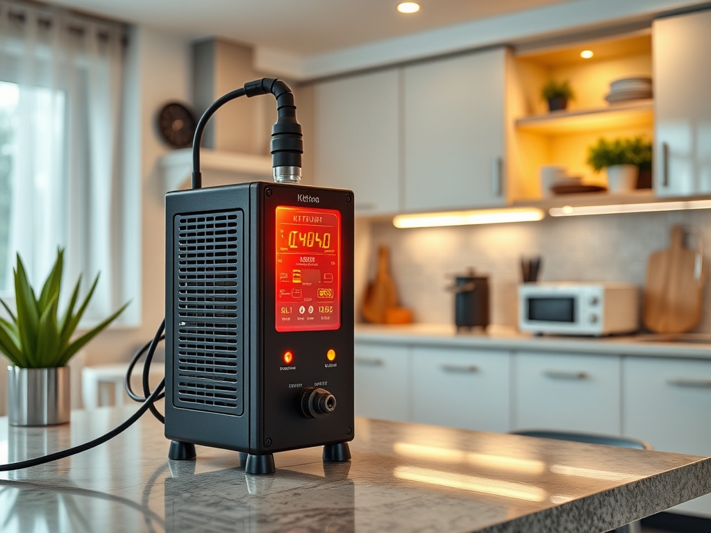 Современный кухонный прибор с красным экраном на столе, фон с белыми шкафами и бытовой техникой.