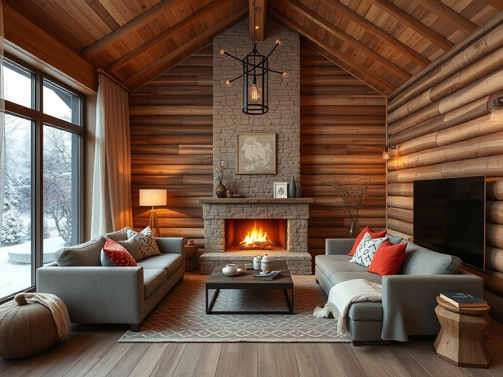 Современный уютный салон с камином, деревянными стенами и мягкой мебелью, атмосфера тепла и уюта.