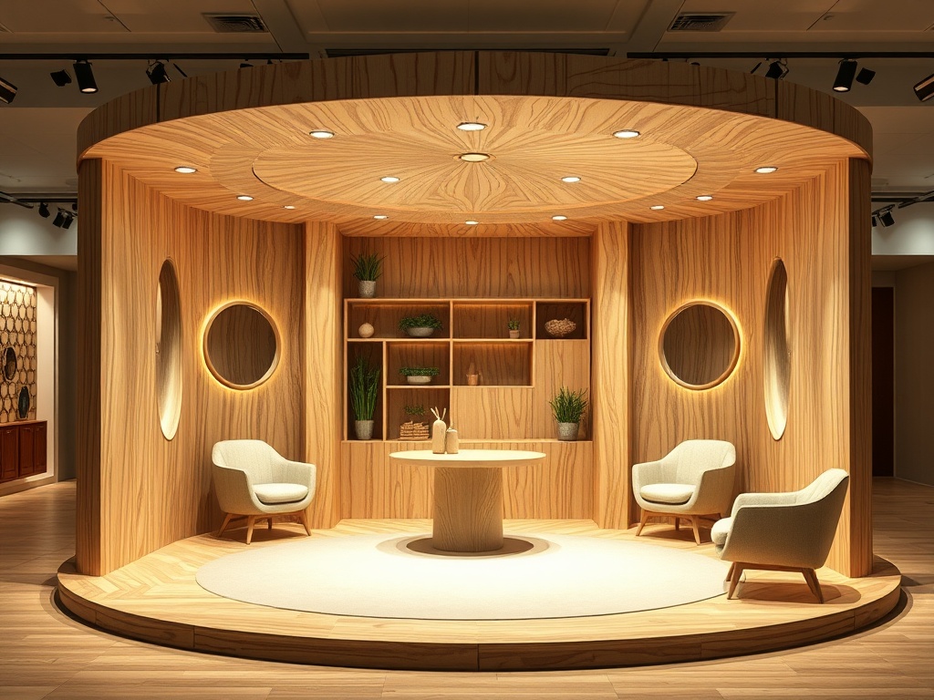 Современный интерьер с деревянными стенами, круглыми зеркалами и уютной мебелью.