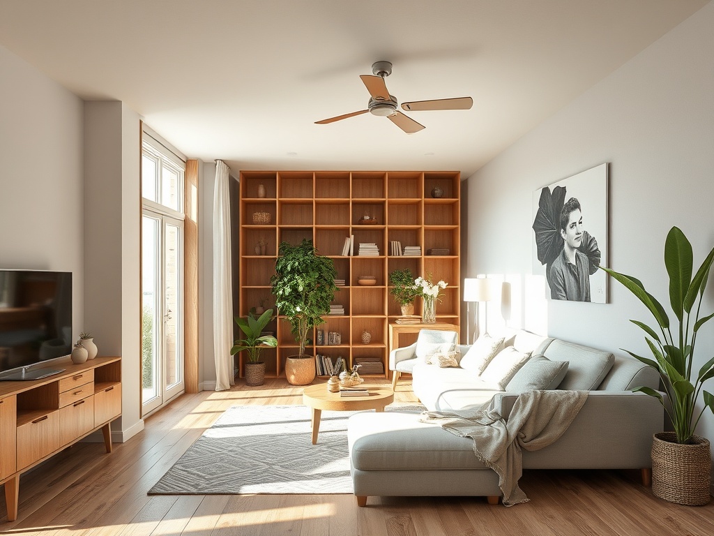 Светлая гостиная с диваном, книжным шкафом и растениями, создающая уютную атмосферу.