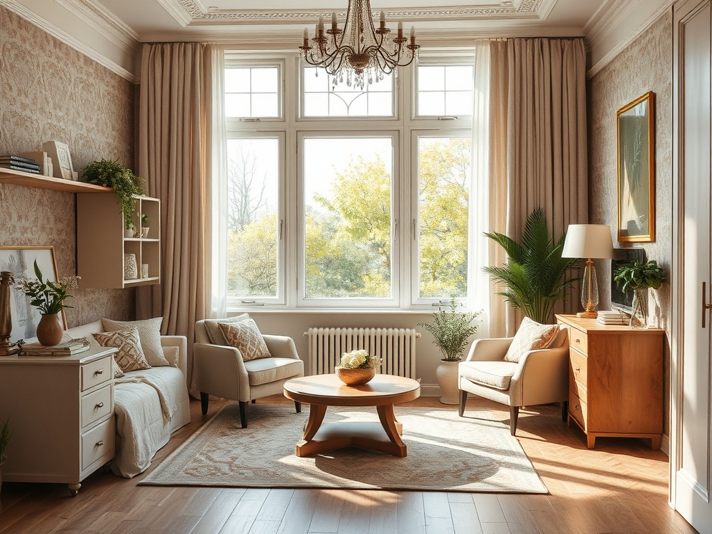 Уютная комната с большими окнами, мягкой мебелью и зелёными растениями, наполненная солнечным светом.