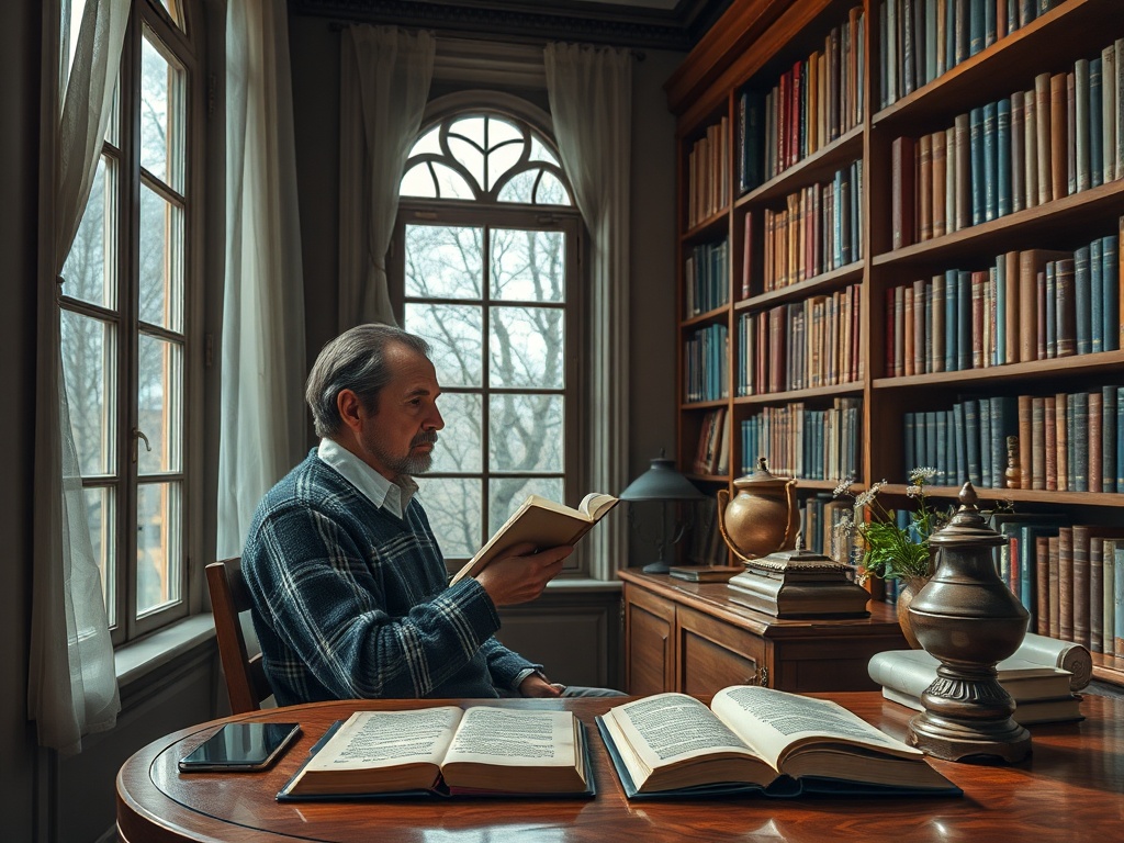 Мужчина читает книгу в уютной библиотеке, окружённый стеллажами с книгами и теплым светом.