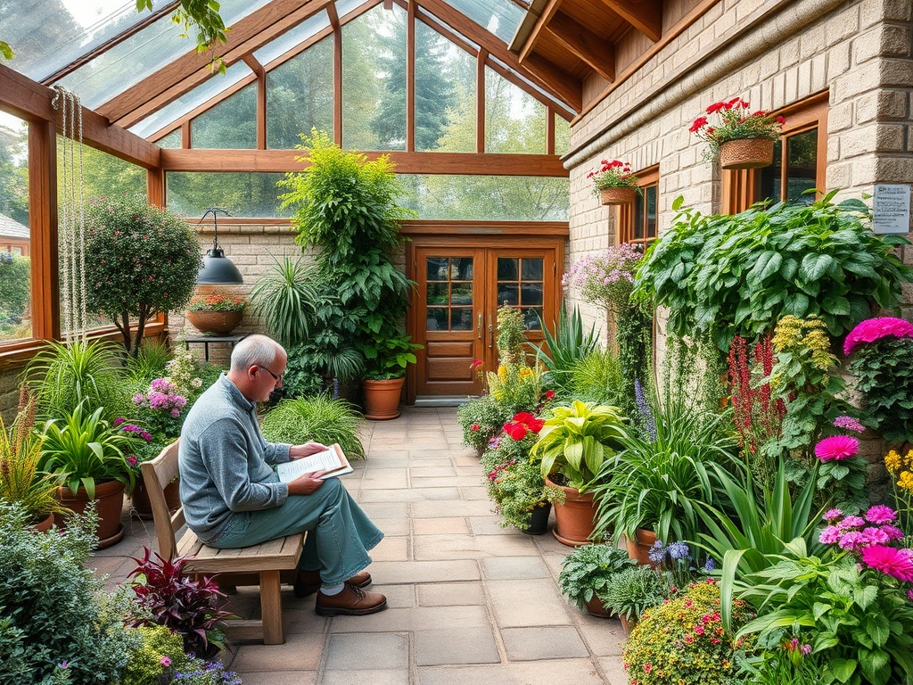 Человек с книгой сидит в теплице, окружённый яркими цветами и зелёными растениями.