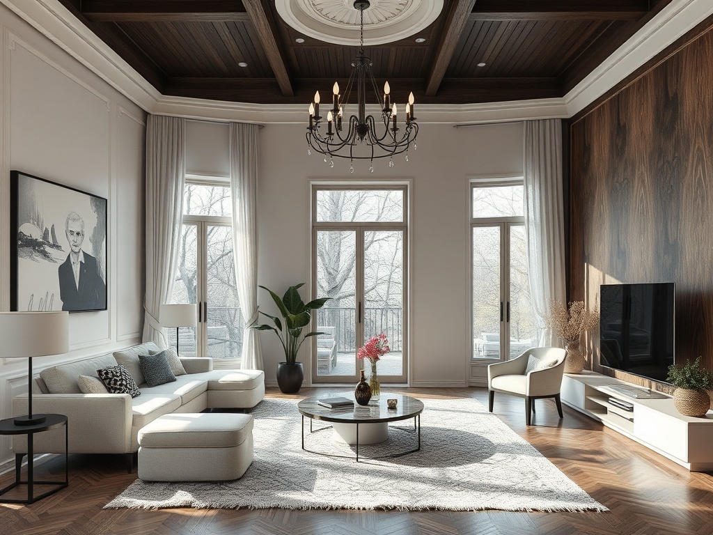 Современный уютный гостиной с мягкой мебелью, большим окном и стильной люстрой на потолке.