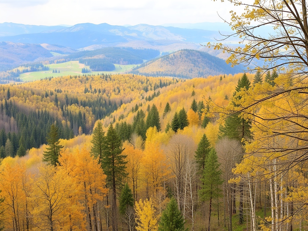 Красивый осенний пейзаж с разноцветными деревьями и горными спурами вдали. тихий и живописный вид природы.