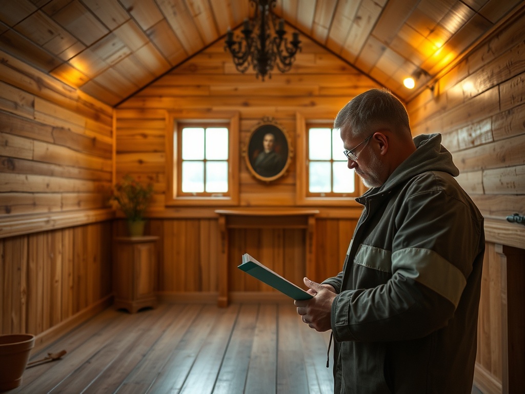 Человек в куртке читает книгу в уютной деревянной комнате с портретом на стене.
