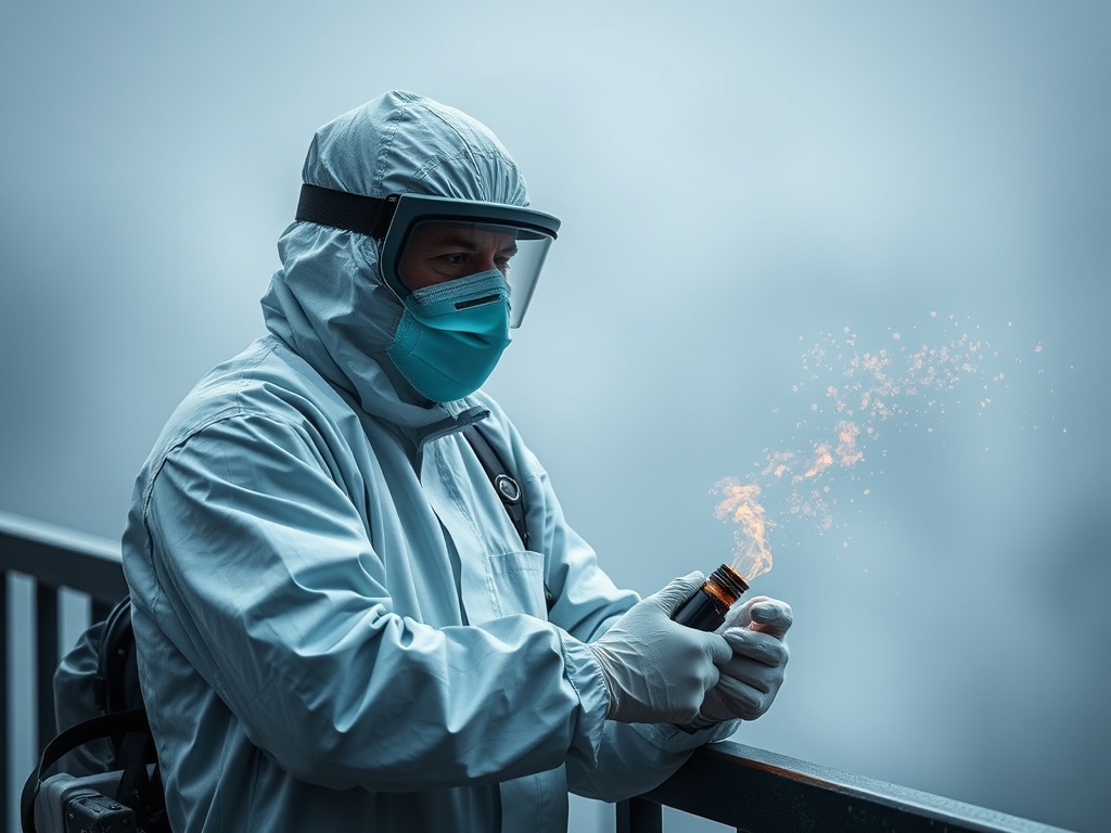 Человек в защитном костюме и маске с флаконом, из которого выбиваются искры. Атмосфера напряженности.