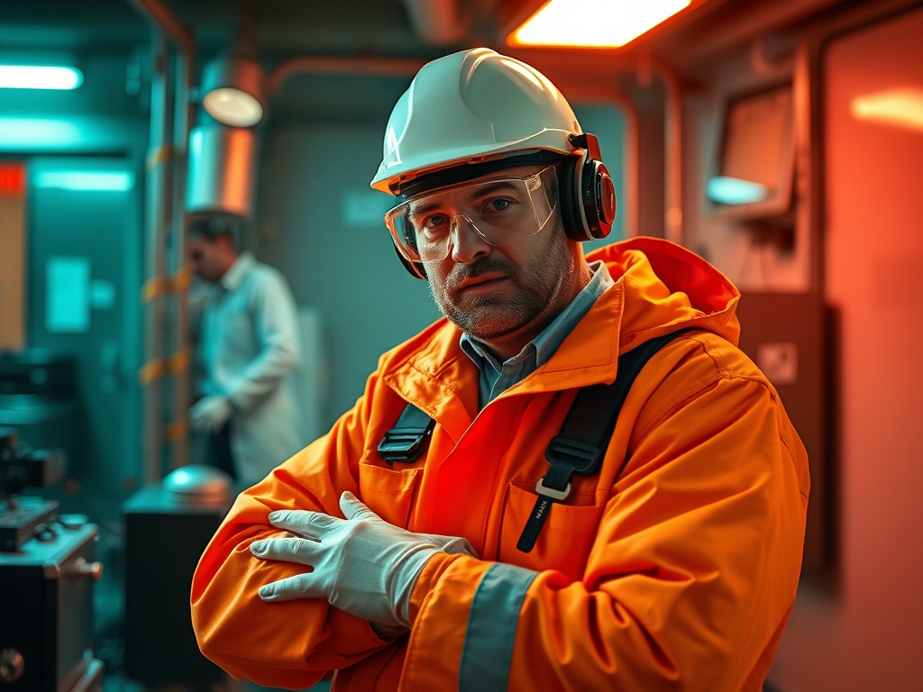 Рабочий в оранжевом костюме и каске с наушниками, стоящий на фоне производственного помещения.