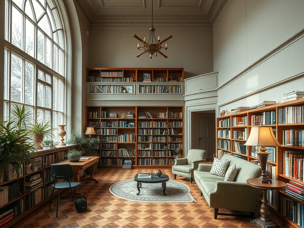 Уютная библиотека с книжными полками, креслами и столом, залитая мягким светом через большие окна.