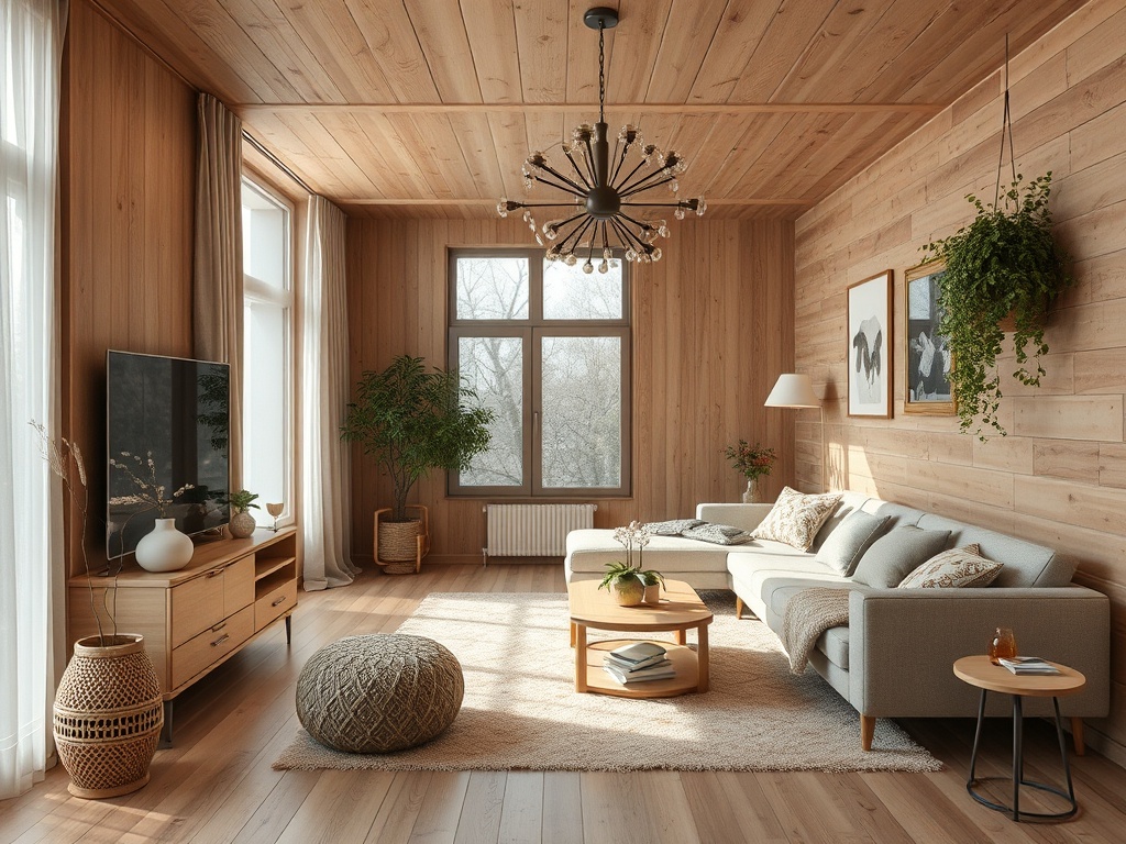 Современный светлый гостиной с деревянными стенами, уютной мебелью и зелёными растениями в интерьере.