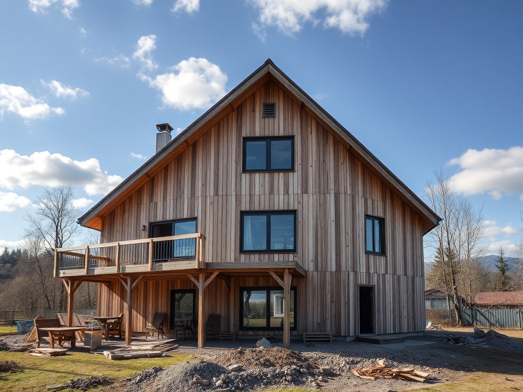 Деревянный дом с балконом, окруженный природой и с голубым небом на фоне.