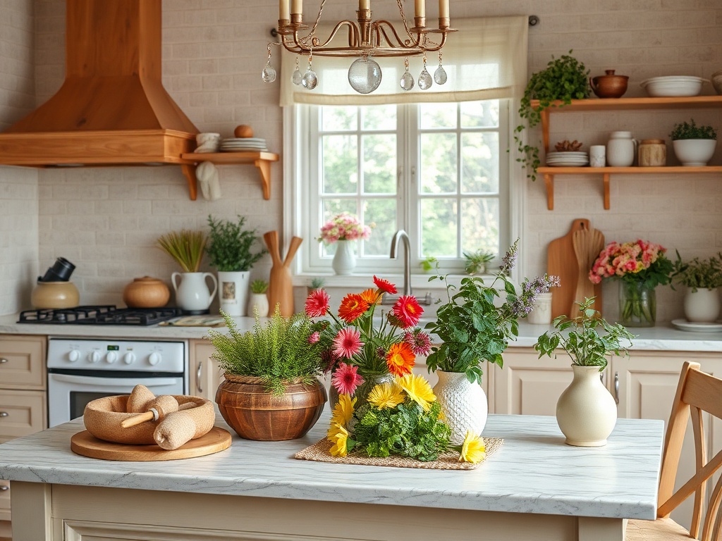 Современная кухня с цветами на столе, шкафами и большой окном, пропускающим солнечный свет.