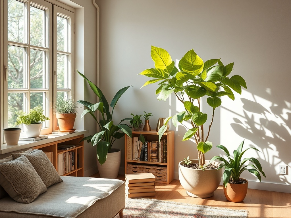 Светлая комната с растениями, уютный диван и библиотека, наполняющая пространство гармонией.